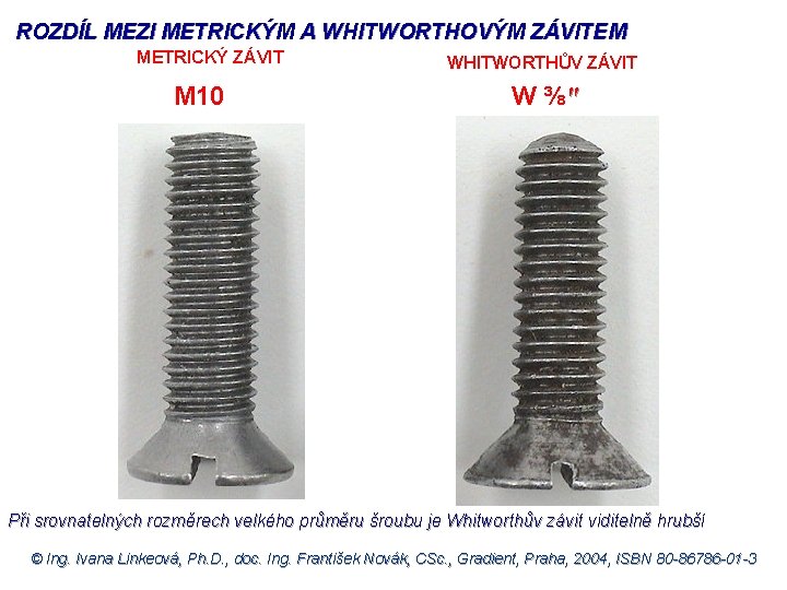 ROZDÍL MEZI METRICKÝM A WHITWORTHOVÝM ZÁVITEM METRICKÝ ZÁVIT M 10 WHITWORTHŮV ZÁVIT W ⅜″