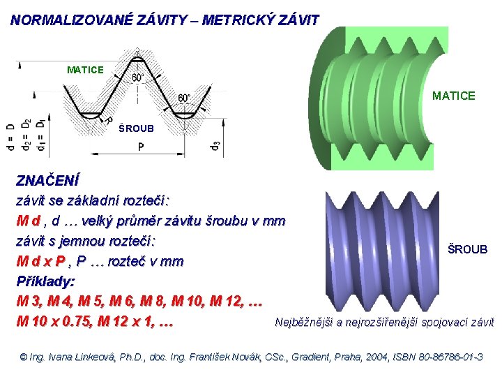 NORMALIZOVANÉ ZÁVITY – METRICKÝ ZÁVIT MATICE ŠROUB ZNAČENÍ závit se základní roztečí: M d