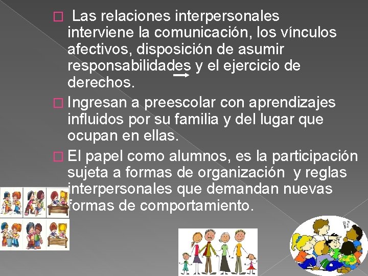 Las relaciones interpersonales interviene la comunicación, los vínculos afectivos, disposición de asumir responsabilidades y