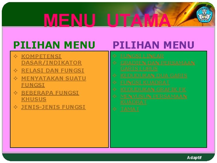 MENU UTAMA PILIHAN MENU v KOMPETENSI DASAR/INDIKATOR v RELASI DAN FUNGSI v MENYATAKAN SUATU