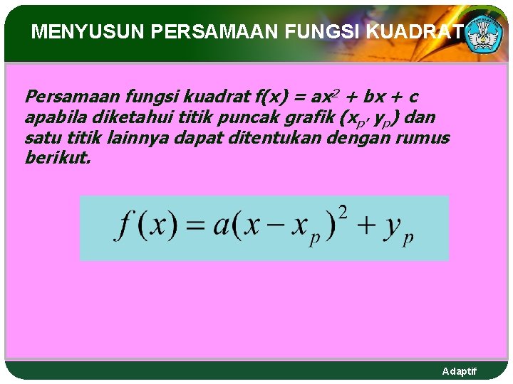 MENYUSUN PERSAMAAN FUNGSI KUADRAT Persamaan fungsi kuadrat f(x) = ax 2 + bx +