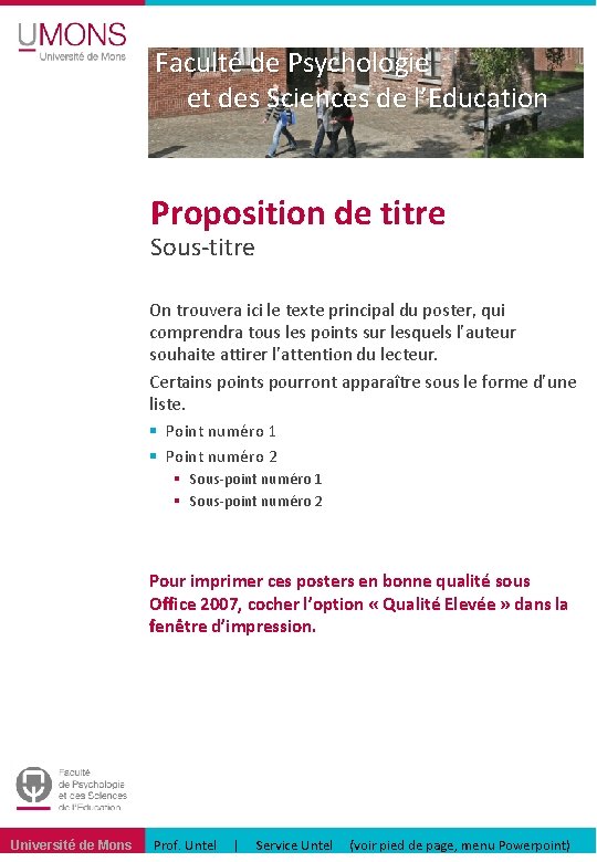 Faculté de Psychologie et des Sciences de l’Education Proposition de titre Sous-titre On trouvera