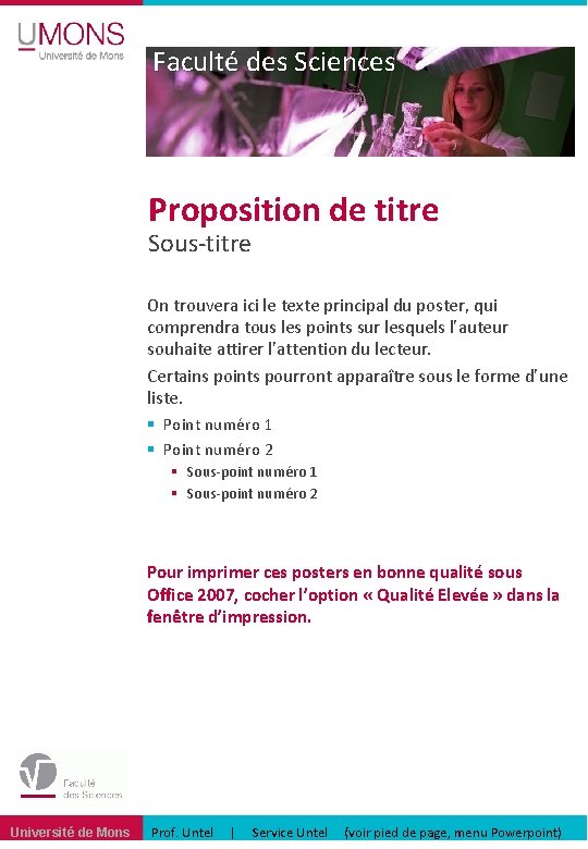 Faculté des Sciences Proposition de titre Sous-titre On trouvera ici le texte principal du