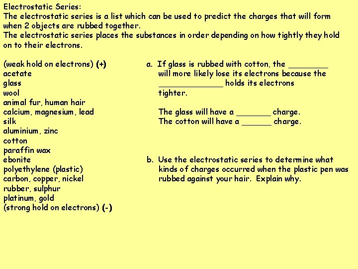 Electrostatic Series: The electrostatic series is a list which can be used to predict