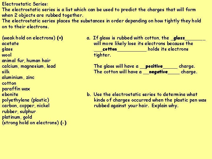 Electrostatic Series: The electrostatic series is a list which can be used to predict