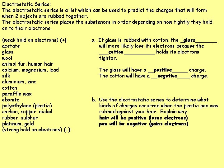 Electrostatic Series: The electrostatic series is a list which can be used to predict