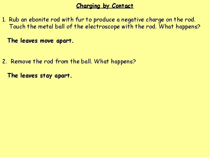 Charging by Contact 1. Rub an ebonite rod with fur to produce a negative