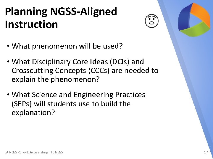 Planning NGSS-Aligned Instruction • What phenomenon will be used? • What Disciplinary Core Ideas