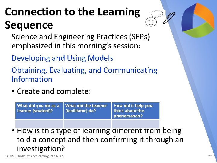 Connection to the Learning Sequence Science and Engineering Practices (SEPs) emphasized in this morning’s