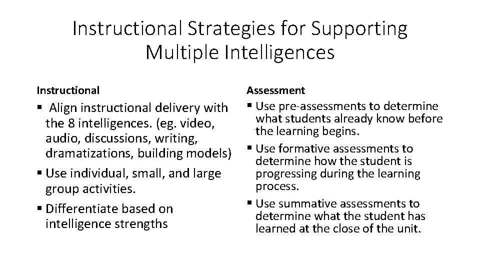 Instructional Strategies for Supporting Multiple Intelligences Instructional Assessment § Align instructional delivery with the