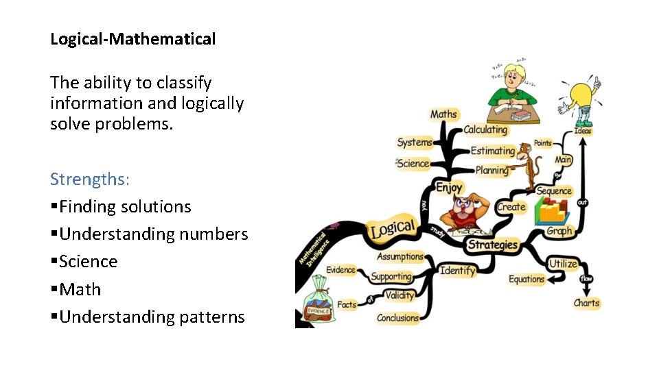 Logical-Mathematical The ability to classify information and logically solve problems. Strengths: §Finding solutions §Understanding