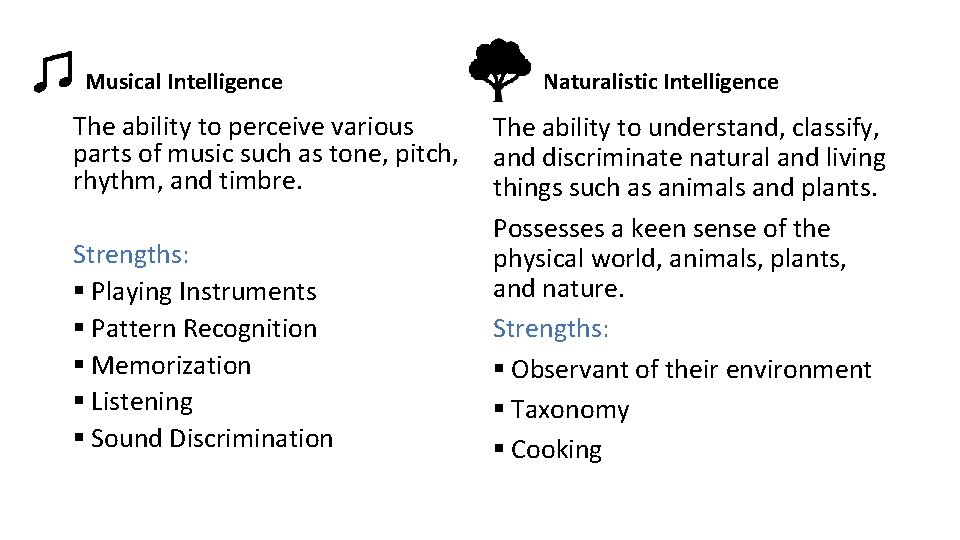 Musical Intelligence The ability to perceive various parts of music such as tone, pitch,