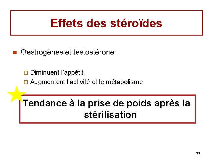 Effets des stéroïdes n Oestrogènes et testostérone Diminuent l’appétit ¨ Augmentent l’activité et le
