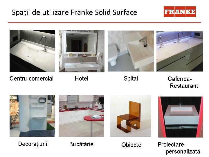 Spaţii de utilizare Franke Solid Surface Centru comercial Hotel Spital Decoraţiuni Bucătărie Obiecte Cafenea.