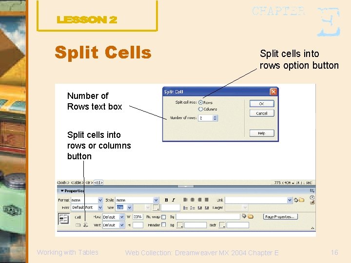 Split Cells Split cells into rows option button Number of Rows text box Split