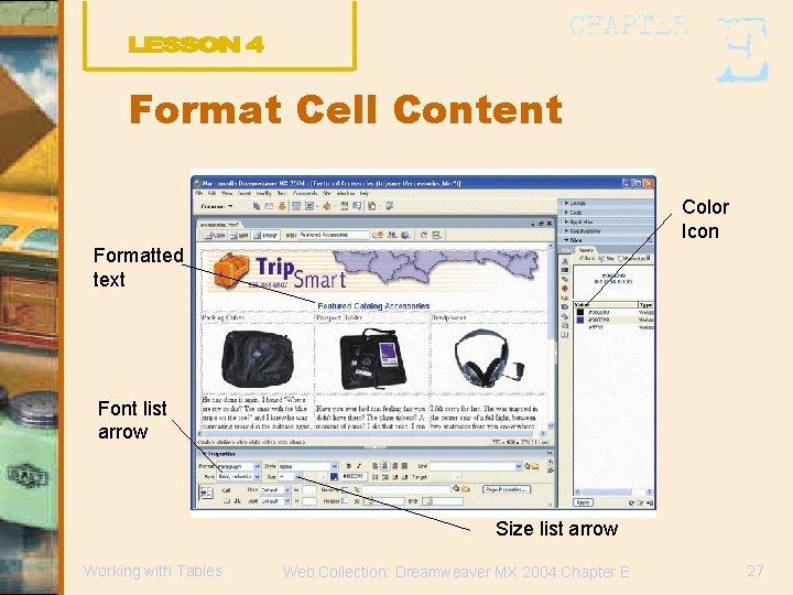 Format Cell Content Color Icon Formatted text Font list arrow Size list arrow Working