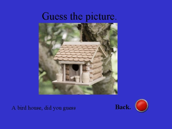 Guess the picture. A bird house, did you guess Back. 