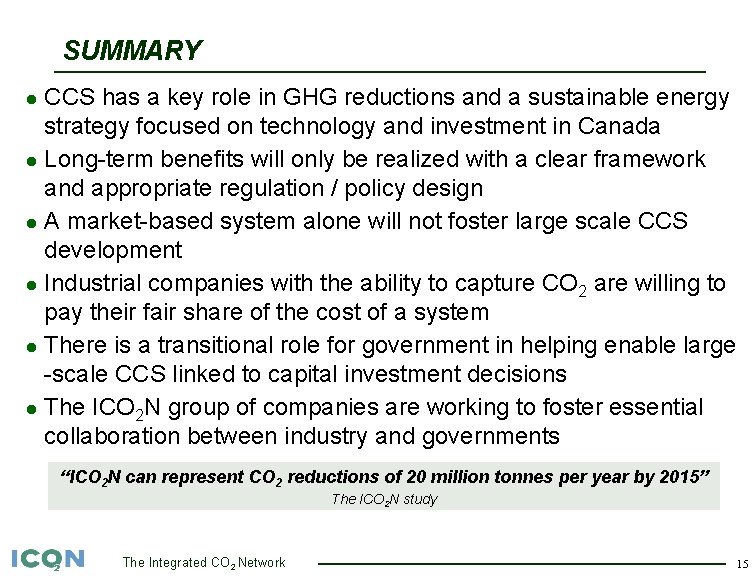 SUMMARY CCS has a key role in GHG reductions and a sustainable energy strategy