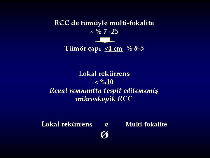 RCC de tümüyle multi-fokalite ~ % 7 -25 Tümör çapı <4 cm % 0