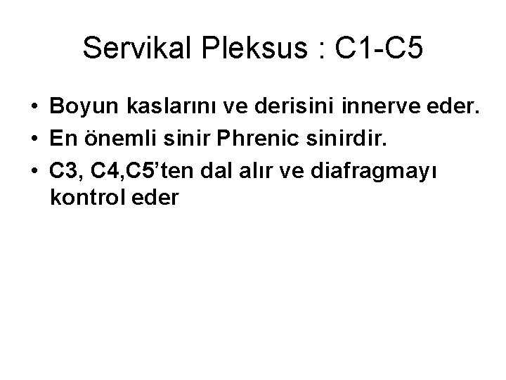 Servikal Pleksus : C 1 -C 5 • Boyun kaslarını ve derisini innerve eder.