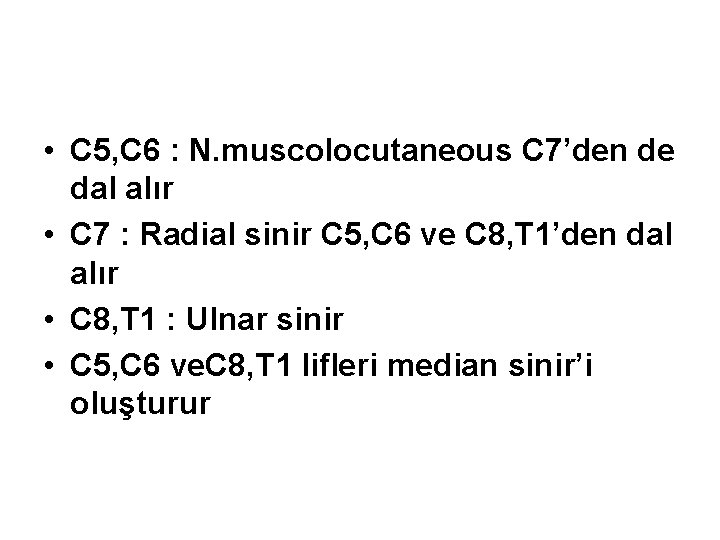  • C 5, C 6 : N. muscolocutaneous C 7’den de dal alır