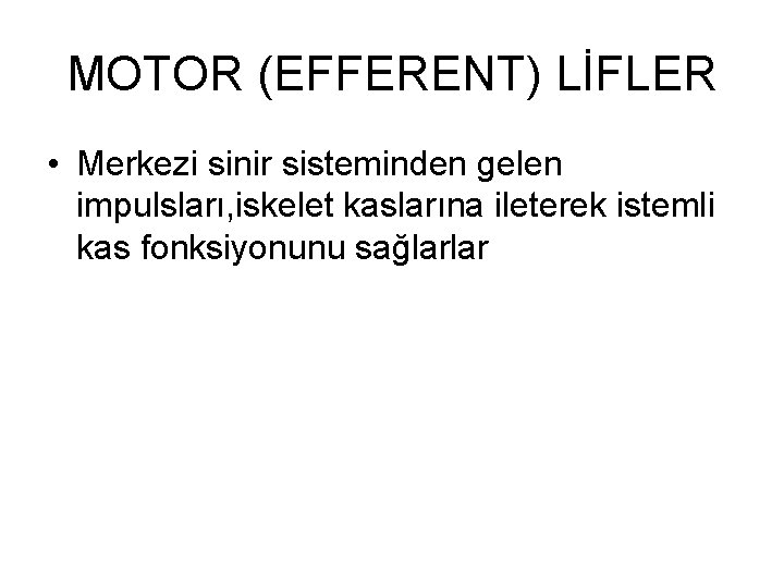 MOTOR (EFFERENT) LİFLER • Merkezi sinir sisteminden gelen impulsları, iskelet kaslarına ileterek istemli kas