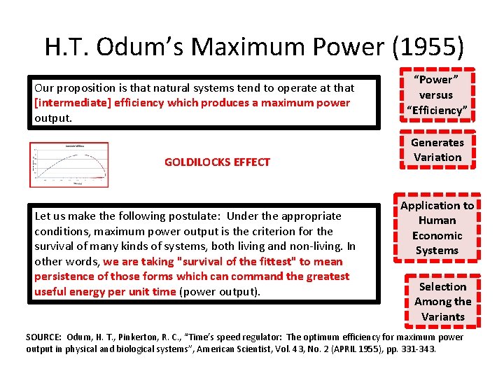 H. T. Odum’s Maximum Power (1955) Our proposition is that natural systems tend to