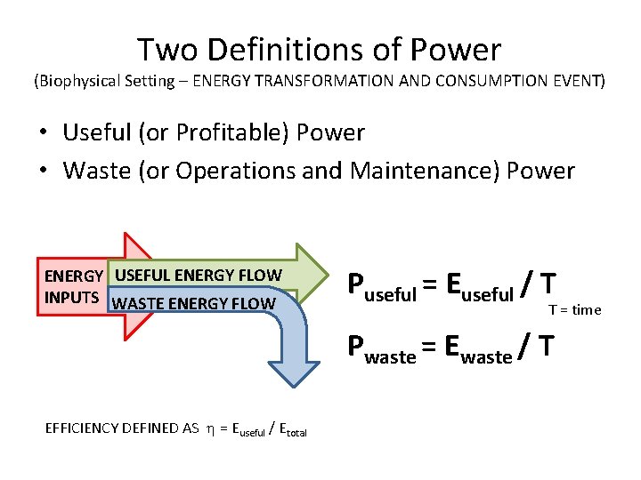 Two Definitions of Power (Biophysical Setting – ENERGY TRANSFORMATION AND CONSUMPTION EVENT) • Useful