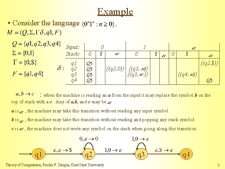 Example • Consider the language Input: Stack: 0 0 $ q 1 q 2