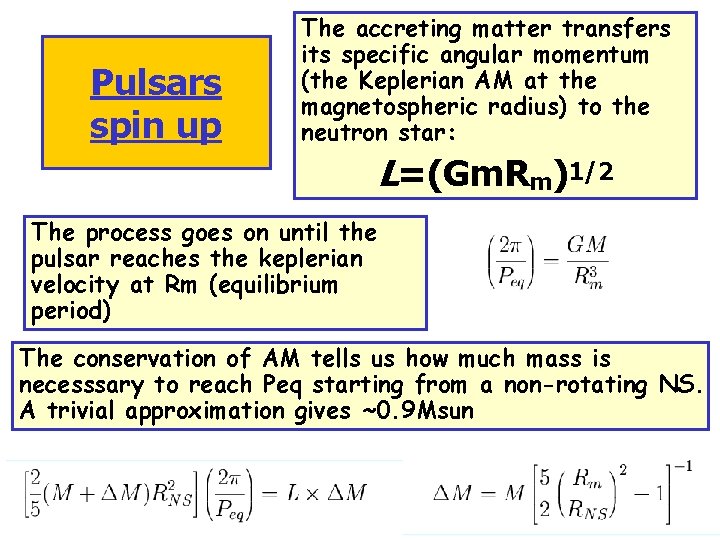 Pulsars spin up The accreting matter transfers its specific angular momentum (the Keplerian AM