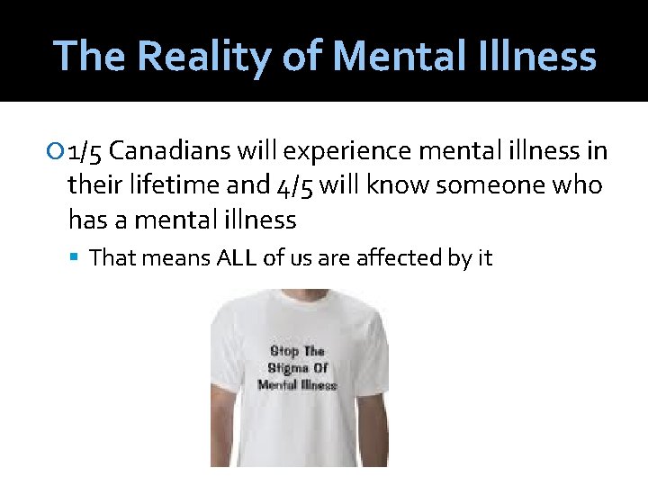 The Reality of Mental Illness 1/5 Canadians will experience mental illness in their lifetime
