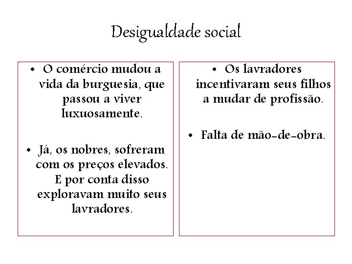 Desigualdade social • O comércio mudou a vida da burguesia, que passou a viver