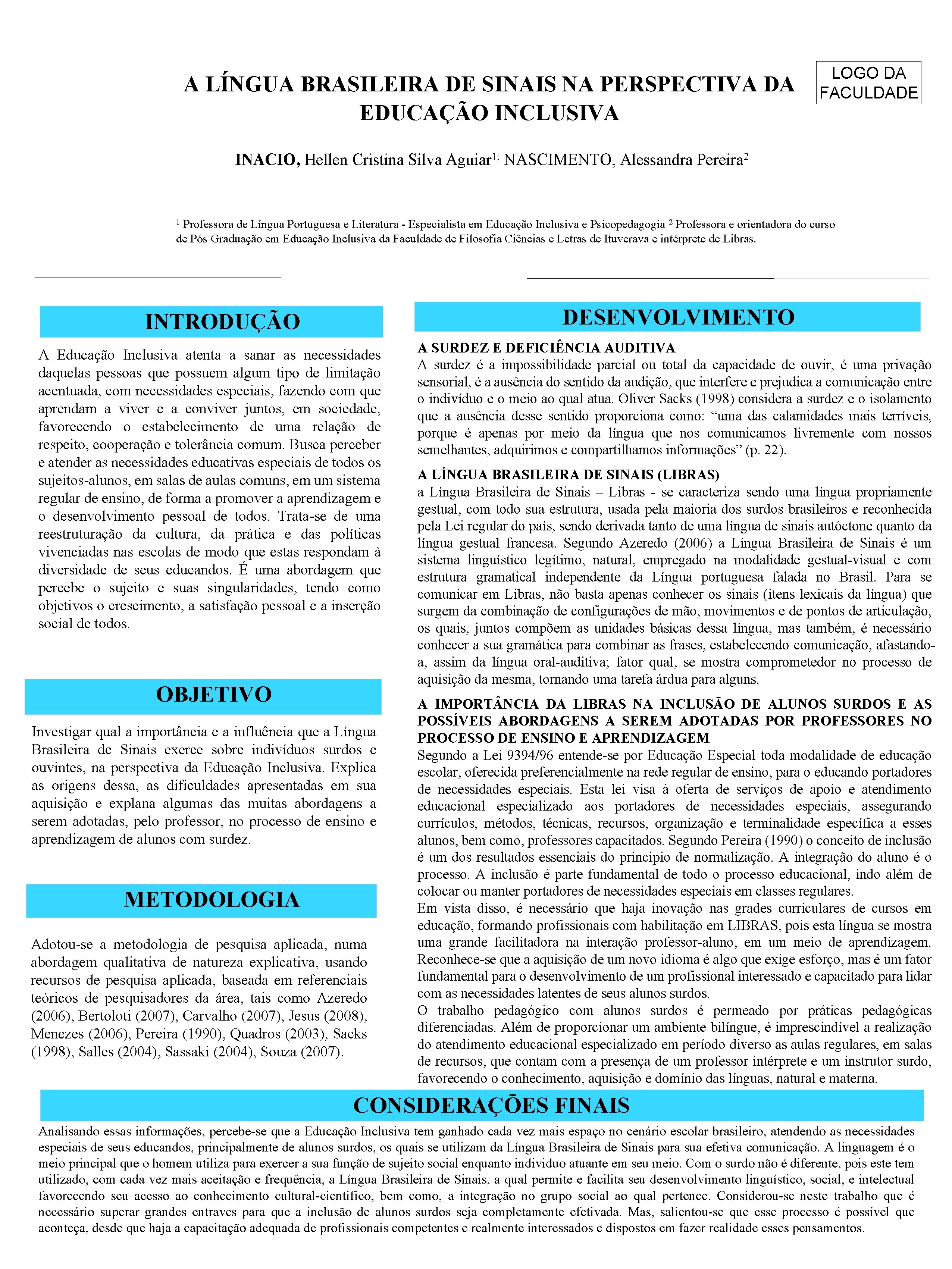 A LÍNGUA BRASILEIRA DE SINAIS NA PERSPECTIVA DA EDUCAÇÃO INCLUSIVA LOGO DA FACULDADE INACIO,