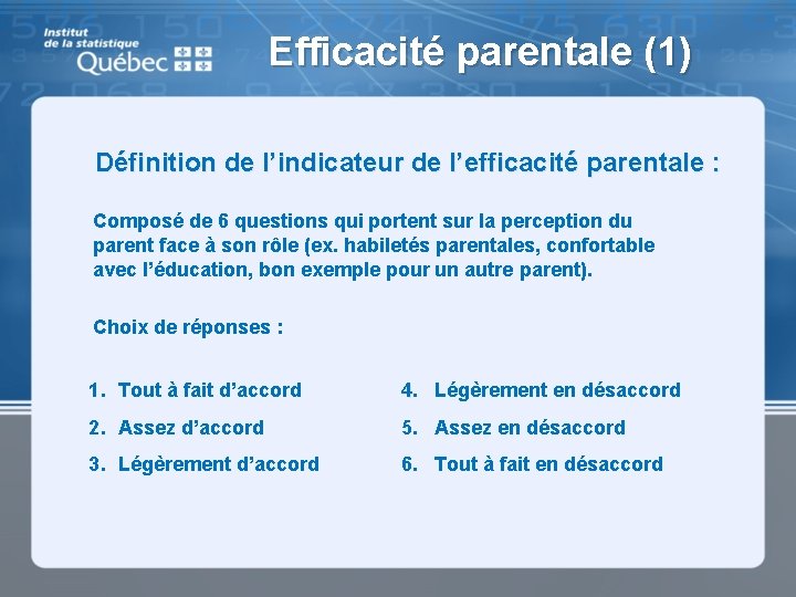 Efficacité parentale (1) Définition de l’indicateur de l’efficacité parentale : Composé de 6 questions