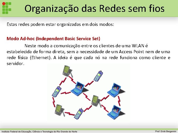 Organização das Redes sem fios Estas redes podem estar organizadas em dois modos: Modo