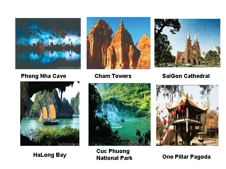 Phong Nha Cave Cham Towers Sai. Gon Cathedral Ha. Long Bay Cuc Phuong National