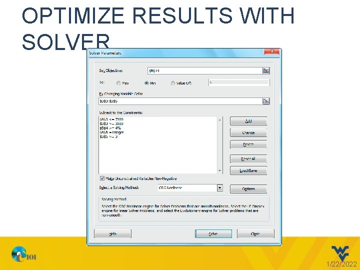OPTIMIZE RESULTS WITH SOLVER 1/22/2022 