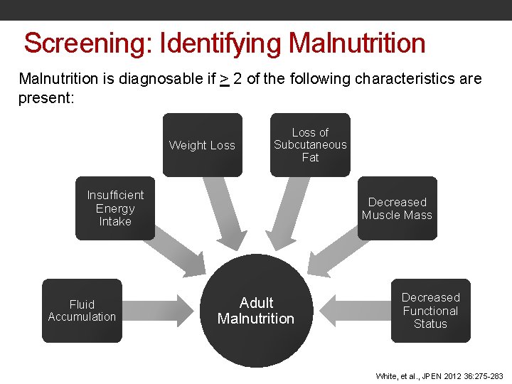 Screening: Identifying Malnutrition is diagnosable if > 2 of the following characteristics are present: