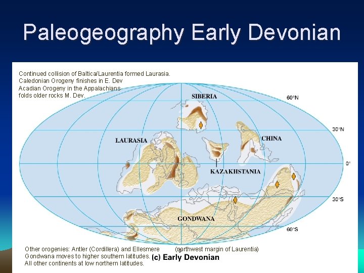 Paleogeography Early Devonian Continued collision of Baltica/Laurentia formed Laurasia. Caledonian Orogeny finishes in E.