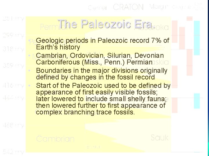 The Paleozoic Era. • Geologic periods in Paleozoic record 7% of Earth’s history •