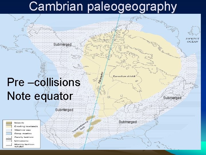 Cambrian paleogeography Submerged Pre –collisions Note equator Submerged 