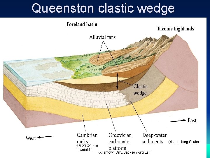 Queenston clastic wedge Hardyston Fm downfolded (Martinsburg Shale) (Allentown Dm. , Jacksonburg Ls. )