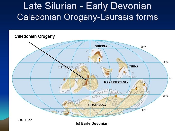 Late Silurian - Early Devonian Caledonian Orogeny-Laurasia forms Caledonian Orogeny To our North 