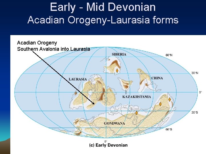 Early - Mid Devonian Acadian Orogeny-Laurasia forms Acadian Orogeny Southern Avalonia into Laurasia 