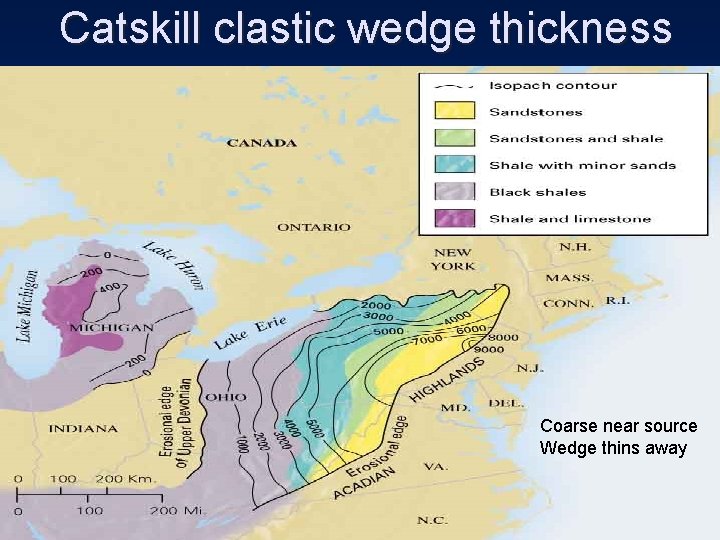 Catskill clastic wedge thickness Coarse near source Wedge thins away 