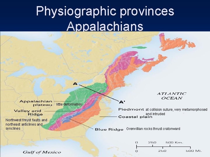 Physiographic provinces Appalachians little deformation at collision suture, very metamorphosed and intruded Northwest thrust