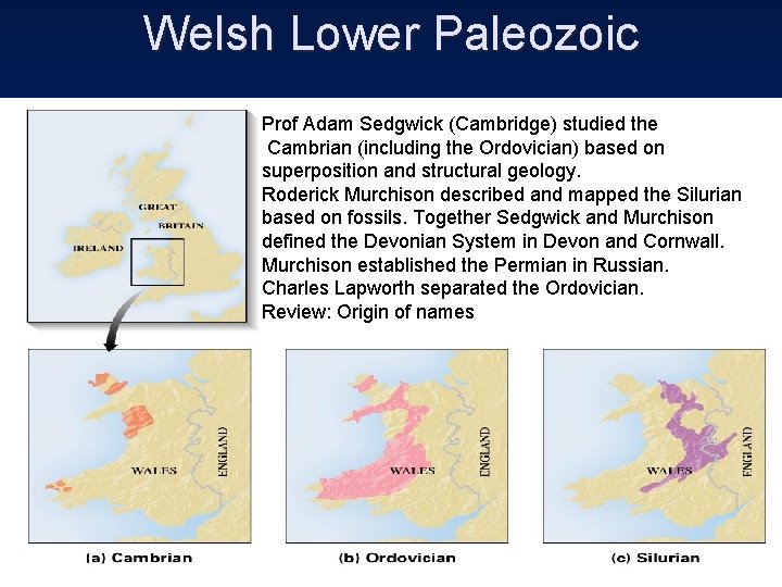 Welsh Lower Paleozoic Prof Adam Sedgwick (Cambridge) studied the Cambrian (including the Ordovician) based