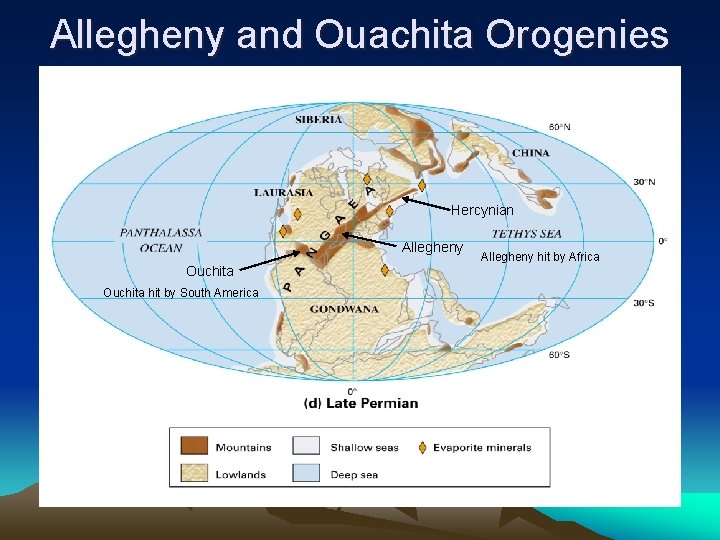 Allegheny and Ouachita Orogenies Hercynian Allegheny Ouchita hit by South America Allegheny hit by