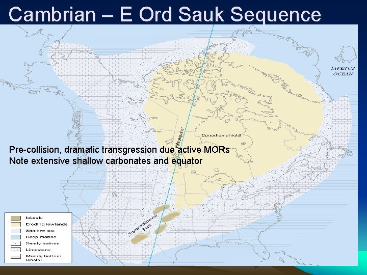 Cambrian – E Ord Sauk Sequence Pre-collision, dramatic transgression due active MORs Note extensive