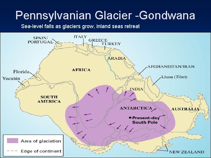 Pennsylvanian Glacier -Gondwana Sea-level falls as glaciers grow, inland seas retreat 